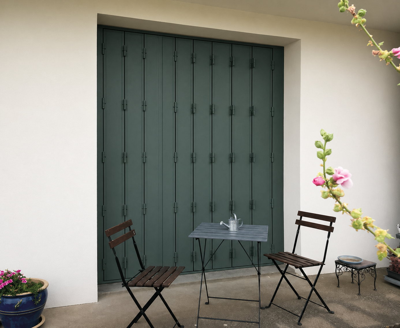 Contraventanas metálicas librillo verde oscuro gran hueco Barcelona — IBERADRIA